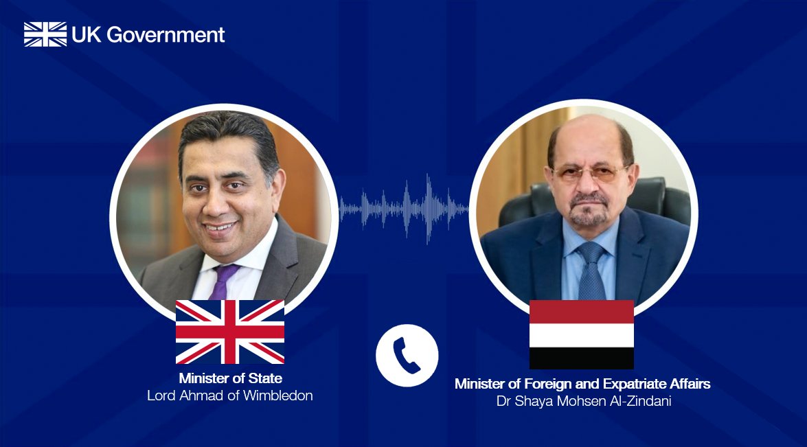 Pleased to call Yemeni Foreign Minister @Shaya_Zindani today. We discussed how the UK can help secure foundations of a sustainable political settlement, alongside international partners, and support Yemen’s humanitarian and economic crises.