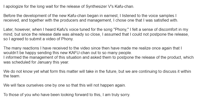 A statement from KAF with regards to the KAFU Synthesizer V situation! (Translated with help from DeepL ☺️)