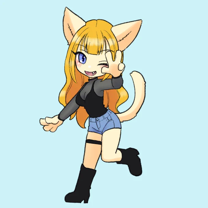 Gyaru cat lady in chibi style 