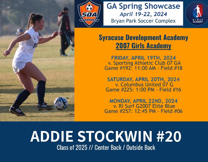 NEXT UP: GA SPRING SHOWCASE 
Super excited to be headed ⬇️ to NC☀️!
I hope to see you there👀
<a href="/SyracuseDA/">SyracuseDA</a> <a href="/ImYouthSoccer/">ECNL/GA/Recruiting/College Soccer</a> <a href="/ImCollegeSoccer/">College Soccer Truth ™</a>