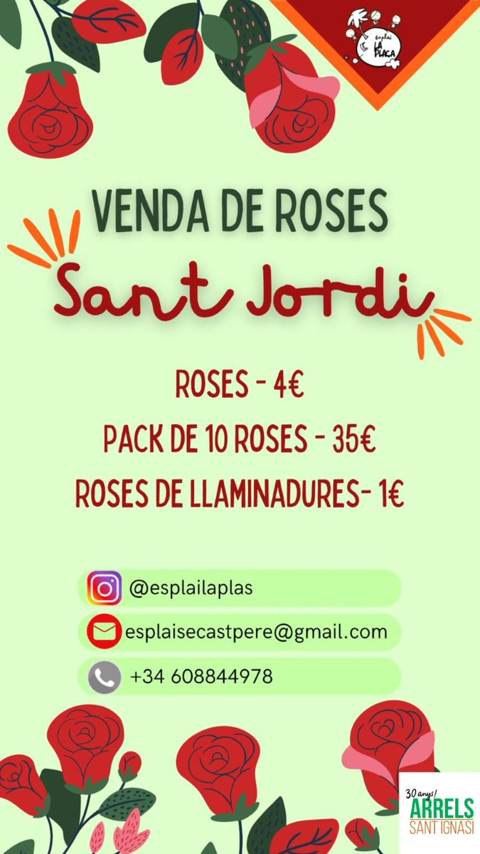 🌹El dimarts 23 d'abril ens podràs trobar a la nostra paradeta de venda de roses a la Plaça de la Catedral. Us hi esperem! @esplailaplas 🌹 #SantJordi2024