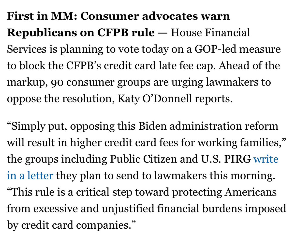 NEW: we led 90 organizations in a letter opposing Republican efforts to *shield* credit card late fees—ahead of a critical hearing vote today. Republicans are pro-junk fees—and today they’ll be put on the record. politico.com/newsletters/mo…