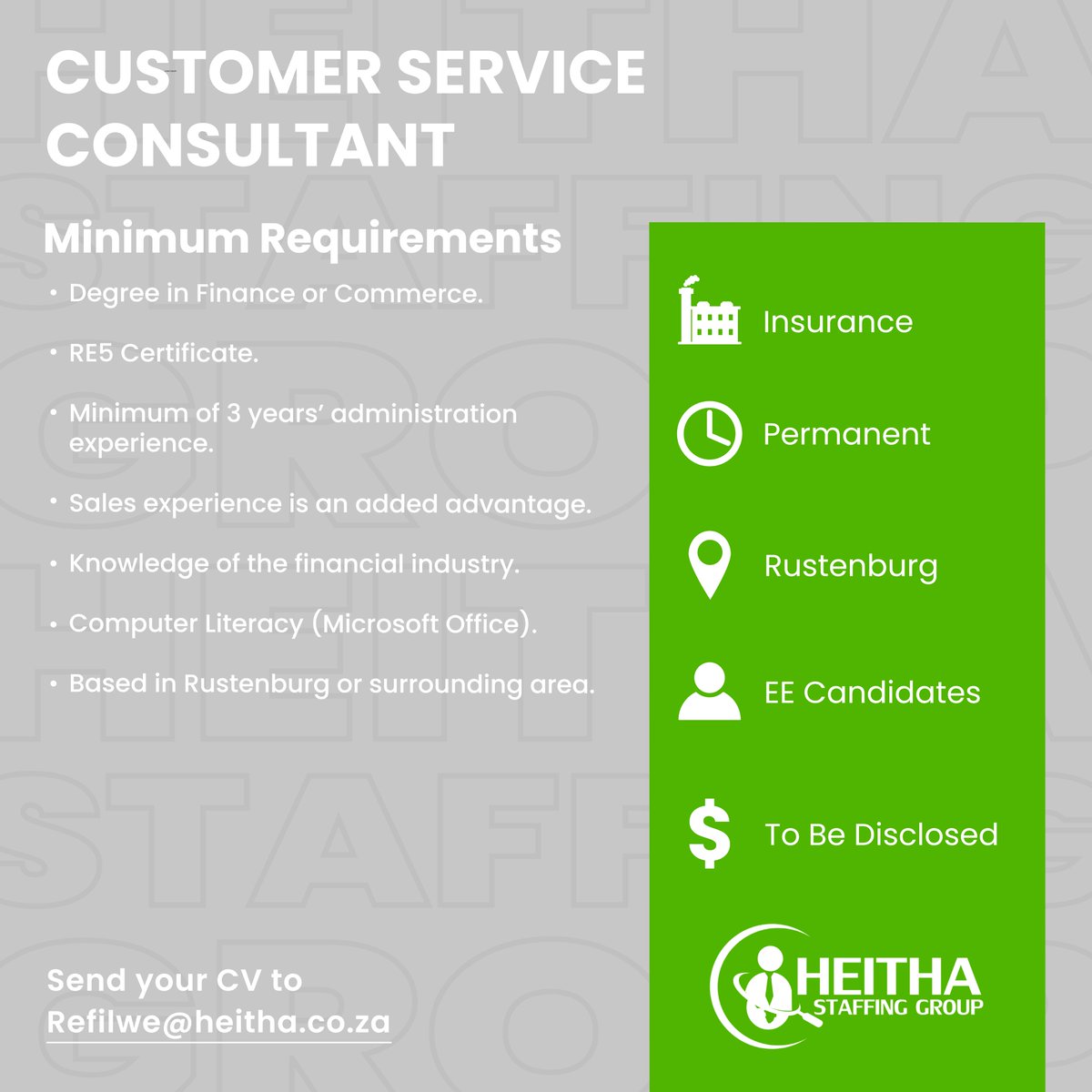 📌 CUSTOMER SERVICE CONSULTANT

Learn more about this vacancy on our website: heitha.co.za/jobs/customer-…

To apply please send your CV to Refilwe@heitha.co.za

Vacancy expires: 19 April 2024

#HeithaStaffingGroup #JobSeekersSA #JobAdviceSA #Insurance #CustomerServiceConsultant