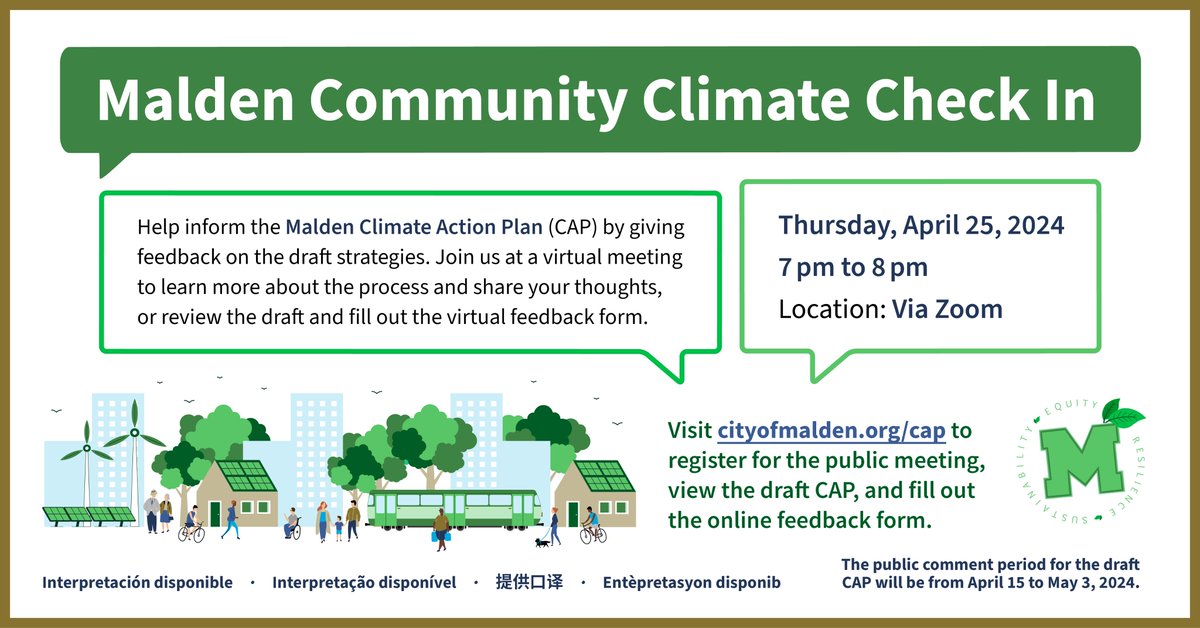 🌍📢 Help shape Malden's future! Join our virtual meeting to give feedback on the draft strategies for the Malden Climate Action Plan. Let's work together for a greener, more sustainable Malden! cityofmalden.org/952/Climate-Ac…
