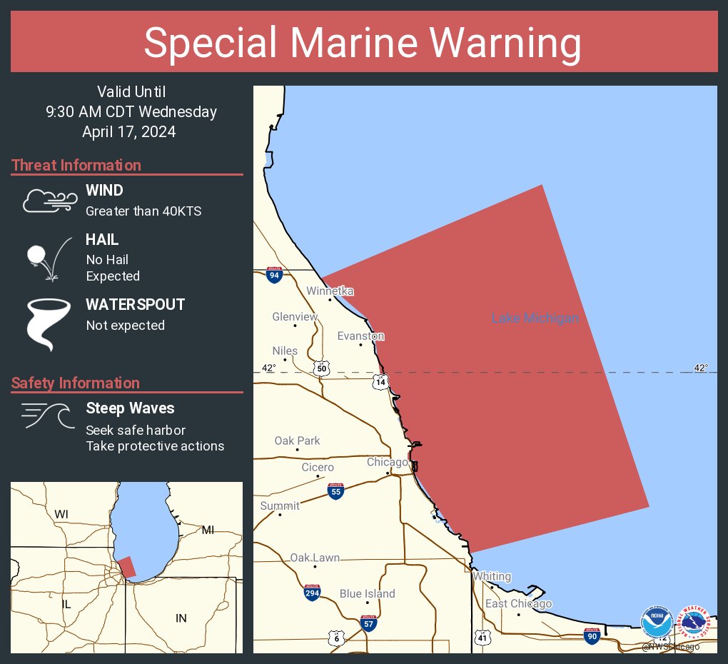 Special Marine Warning continues for the Lake Michigan from Winthrop Harbor to Wilmette Harbor IL 5NM offshore to Mid Lake, Lake Michigan from Wilmette Harbor to Michigan City in 5NM offshore to Mid Lake and Winthrop Harbor to Wilmette Harbor IL until 9:30 AM CDT