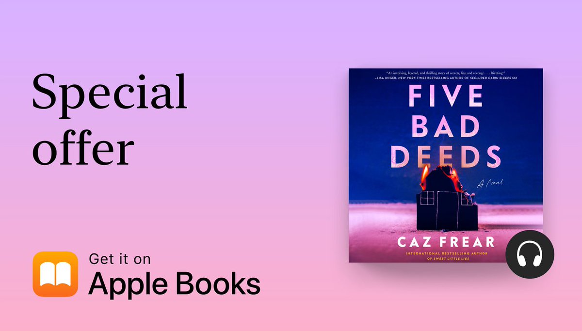 'A page-gripping, nail-gnawing good read’ 
Cara Hunter

'Deliciously waspish, twisty, and relatable' 
Claire McGowan

Listen to #FiveBadDeeds by @CazziF now for only £4.99 in @AppleBooks Thrilling Listens Promotion!

apple.co/3VWCVlj