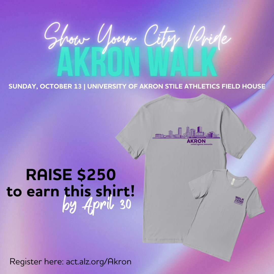 ALZGEO's tweet photo. Don't miss out! Our latest incentive for the 2024 Akron Walk to End Alzheimer's just landed and we think you'll love it! 🎉 Show off your Akron pride with this limited-edition shirt! All you have to do is raise $250 by 4/30. Start fundraising now at https://t.co/rafYsVtk19! 🚀 https://t.co/GWVmDgA7Md