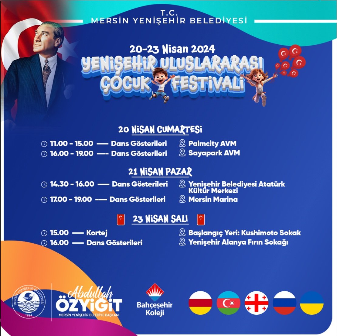Cumhuriyetimizin kurucusu Mustafa Kemal Atatürk’ün Dünya çocuklarına armağan ettiği 23 Nisan Ulusal Egemenlik ve Çocuk Bayramı’nda 5 ülkeden çocukları kentimizde ağırlayacak, Yenişehirli çocuklarla buluşturacağız 🇹🇷😊 Yenişehir Uluslararası Çocuk Festivali’mize bekliyoruz 🫶