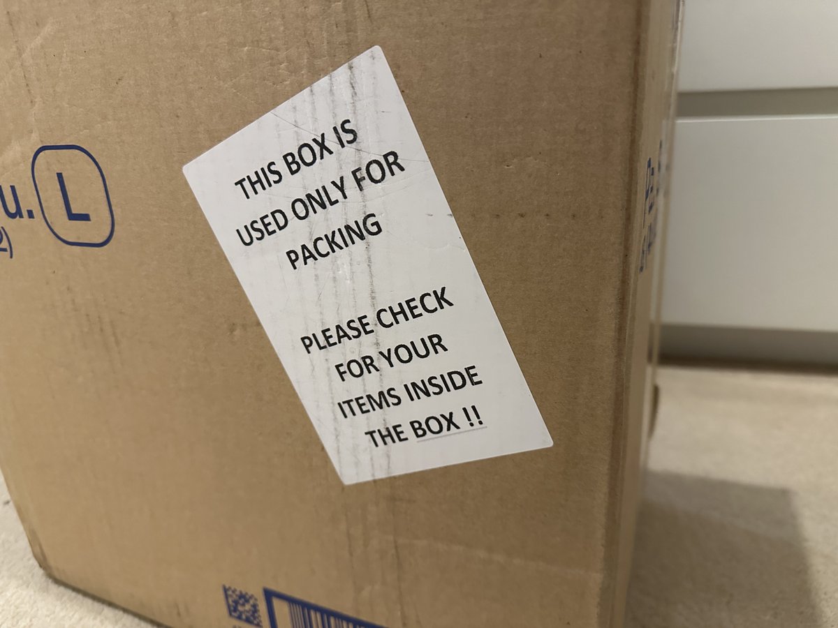 Thank goodness for this helpful label 😆!! We’ve been sat here for ages wondering why a random cardboard box had been shipped to us! 😂📦
It’s one of those labels that makes you wonder how bad the situation got, before they decided these stickers were needed! 🤦🏻‍♂️🤔📮