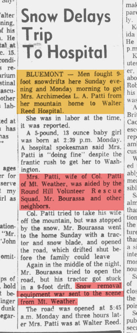 It's a Mount Weather miracle! Local newspaper story from 1960 about transporting a pregnant woman from Bluemont, VA to Walter Reed that doesn't mention that 'Mr. Bourassa' was the no. 2 man at the Mt. Weather government super-bunker at the time. cc: @vermontgmg
