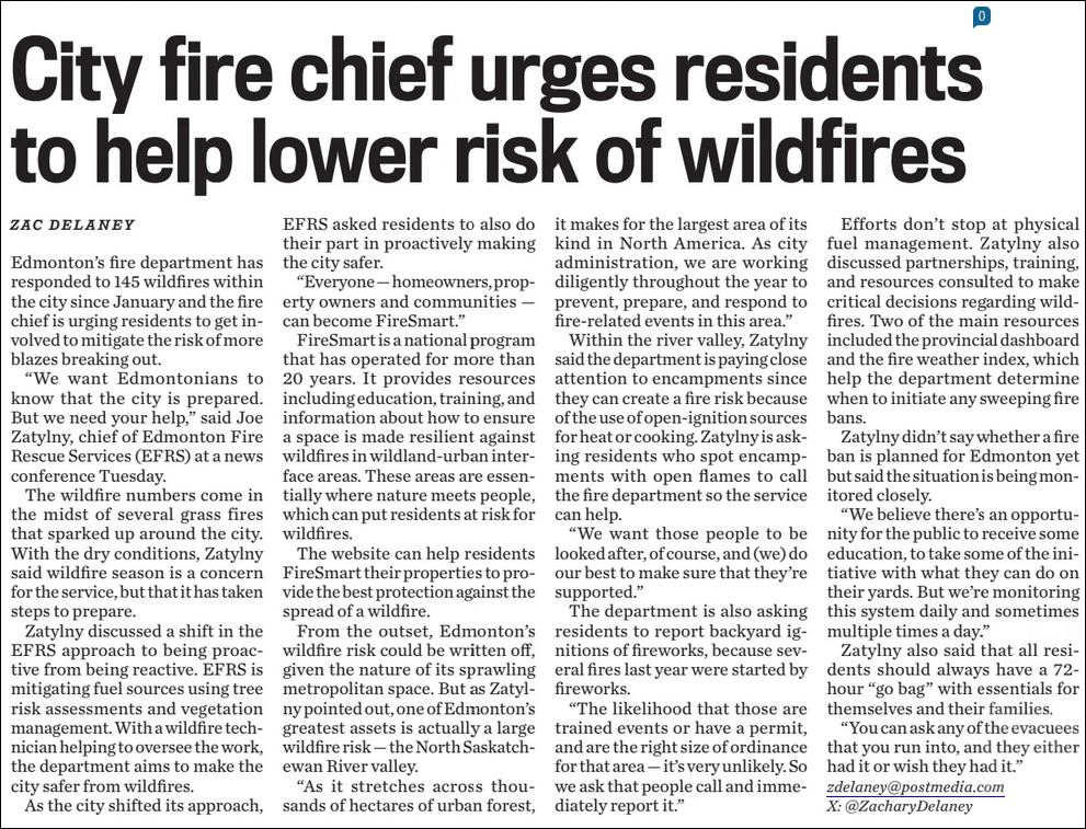 In today’s @EdmontonJournal 667words from Zac Delaney (@ZacharyDelaney) about the wildfire risk in Edmonton. Not a word about the climate change / fossil fuel connection. #WhereIsTheWhy? #ClimateCrisis #EndTheSilence @EndClimtSilence