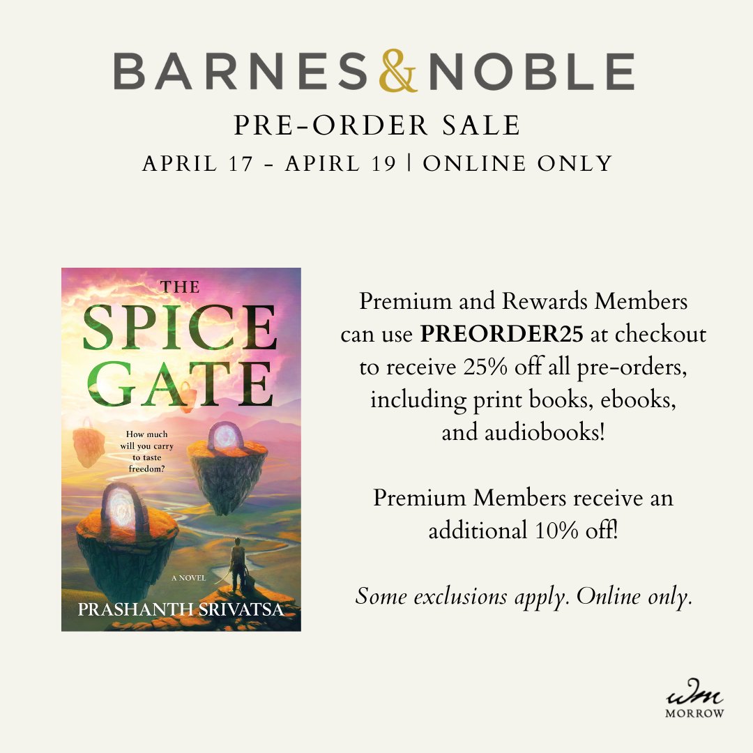 Hello, hello! Just 3 months to go for the release of my debut novel, THE SPICE GATE! Right on cue, it is on a fantastic pre-order sale at @BNBuzz! Starting today to 4/19. Rewards and Premium Members get 25% off all pre-orders! Link: bit.ly/thespicegateba… #BNPreorder