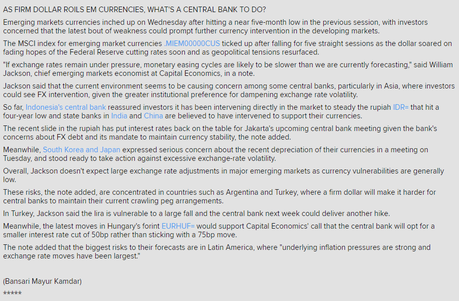 My blog for Reuters on strong dollar pummeling emerging market currencies and what that means for the upcoming central bank meetings in Indonesia, Turkey and Hungary next week.