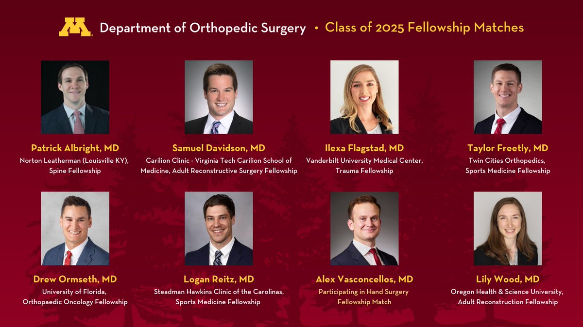 Congrats to our stellar PGY-4 residents on securing their fellowships for the 2025-26 AY! It’s incredible to see their hard work pay off as they prepare to embark on the next chapter of their orthopedic surgery education journey. Check out where they’re headed next!