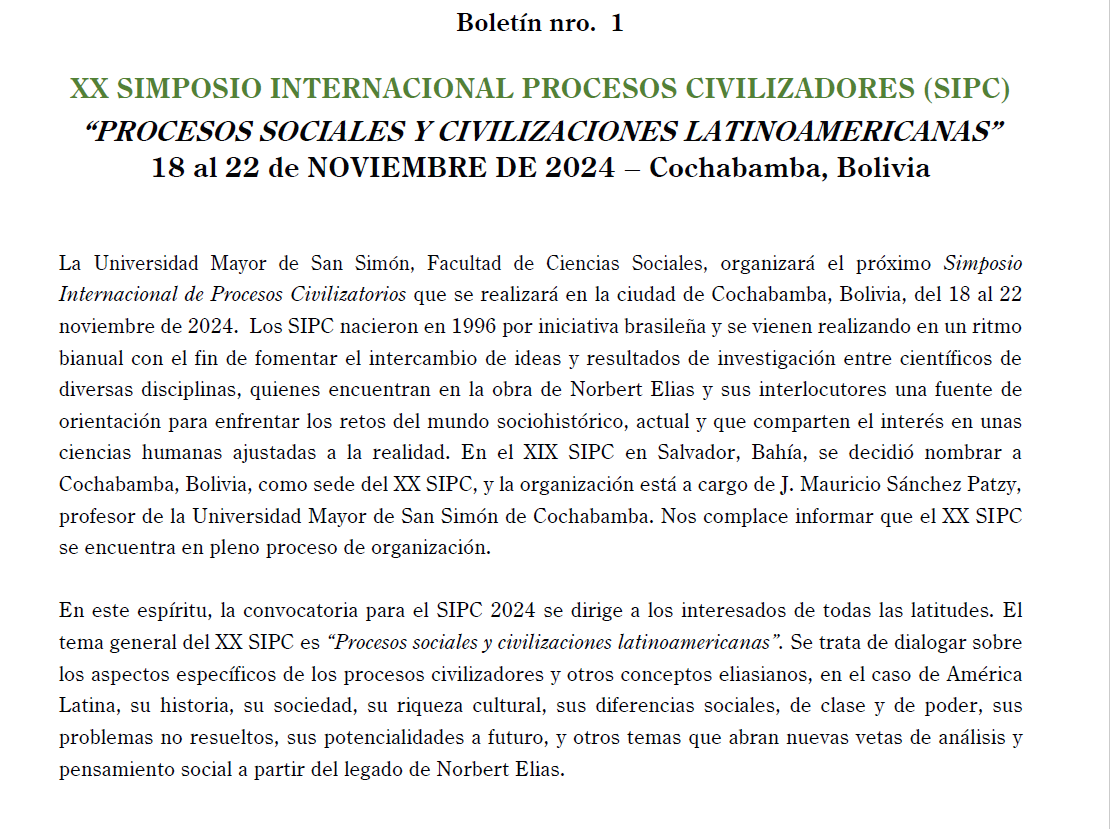 norbert_elias22's tweet photo. Ya disponible el primer boletín con la información 
para todas aquellas personas que deseen participar en el XX Simposio de Procesos Civilizadores que se llevará a cabo en Bolivia del 18 al 22 de noviembre. Información adicional en: XXSIPC.Cochabamba@gmail.com https://t.co/ZnVRF468qo