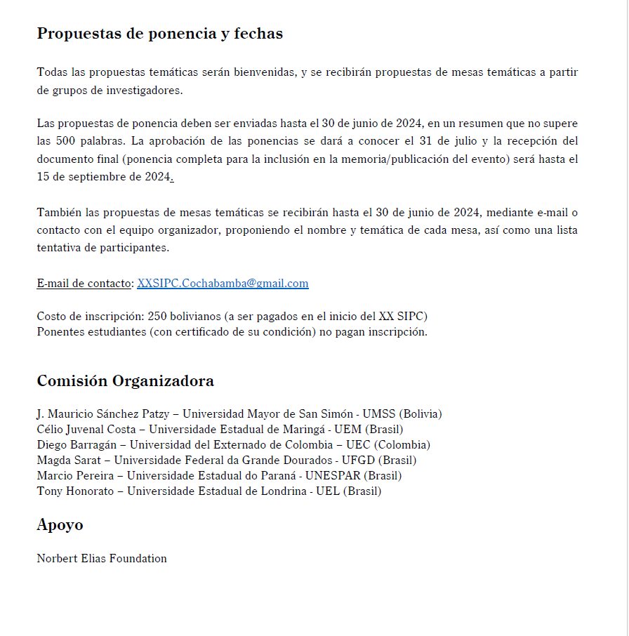 norbert_elias22's tweet photo. Ya disponible el primer boletín con la información 
para todas aquellas personas que deseen participar en el XX Simposio de Procesos Civilizadores que se llevará a cabo en Bolivia del 18 al 22 de noviembre. Información adicional en: XXSIPC.Cochabamba@gmail.com https://t.co/ZnVRF468qo