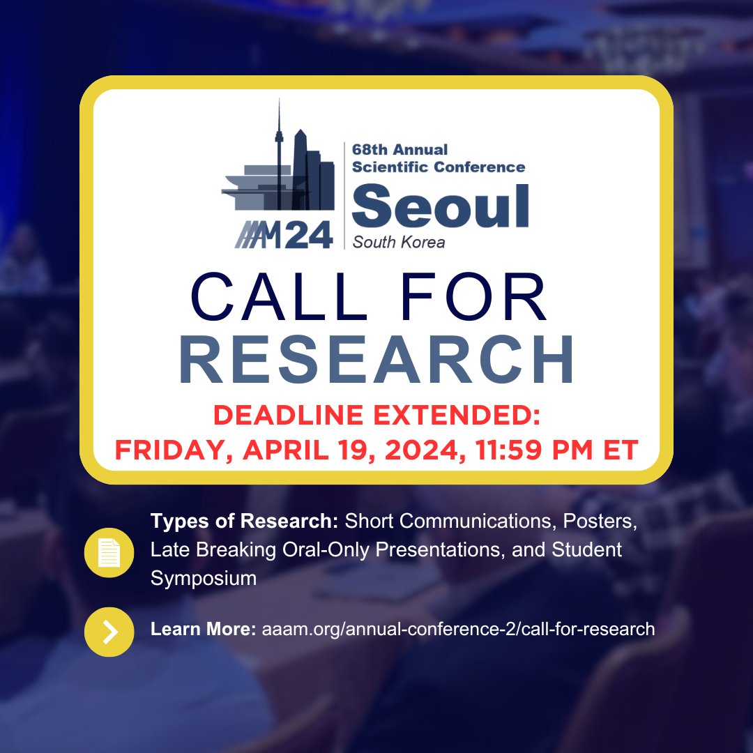 🚨AAAM's #CallforResearch has been extended to Friday, April 19, 2024 at 11:59 pm ET. aaam.org/annual-confere…
🛣️Contribute to a global dialogue on road safety this November!
#RoadSafety #InjuryPrevention #Research #CallForPapers