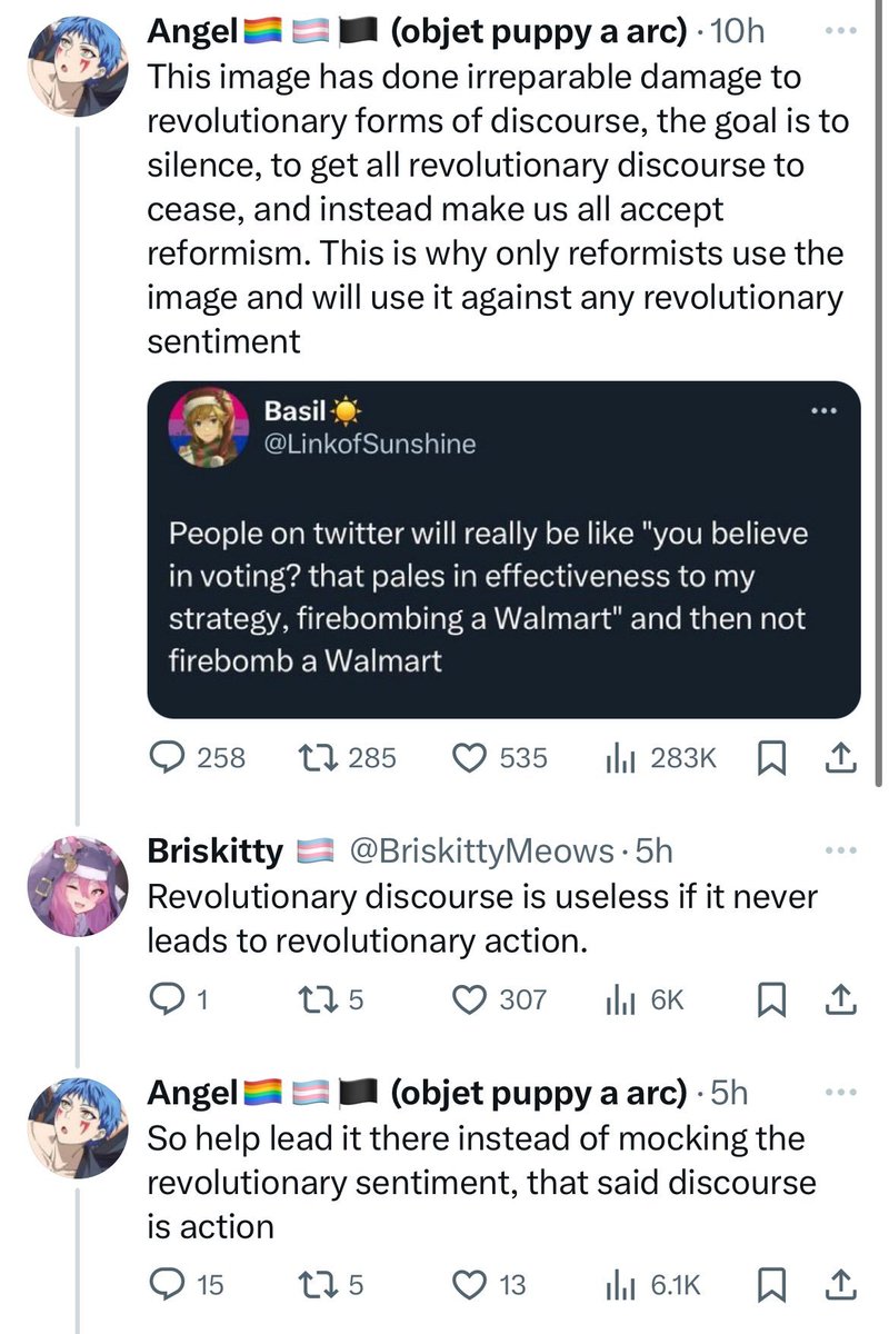 'Discourse is Action' is the perfect encapsulation of twitter faux-revolutionaries Willing to do anything for the revolution! Such as: posting, tweeting, not voting, retweeting, not leaving the house, making memes, posting, updating bio, ordering doordash, or posting.