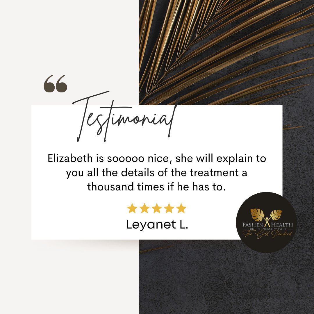 Your Feedback Means So Much! Thank you

⭐️ ⭐️ ⭐️ ⭐️ ⭐️
“Recommended 100%” - Leyanet L. Google Review

Tell us about your experience with Pashen Health today, by leaving a review:
g.page/r/CYTyCfoIUR_U…
#PashenHealth #DPC #DirectPrimaryCare #SafetyHarbo