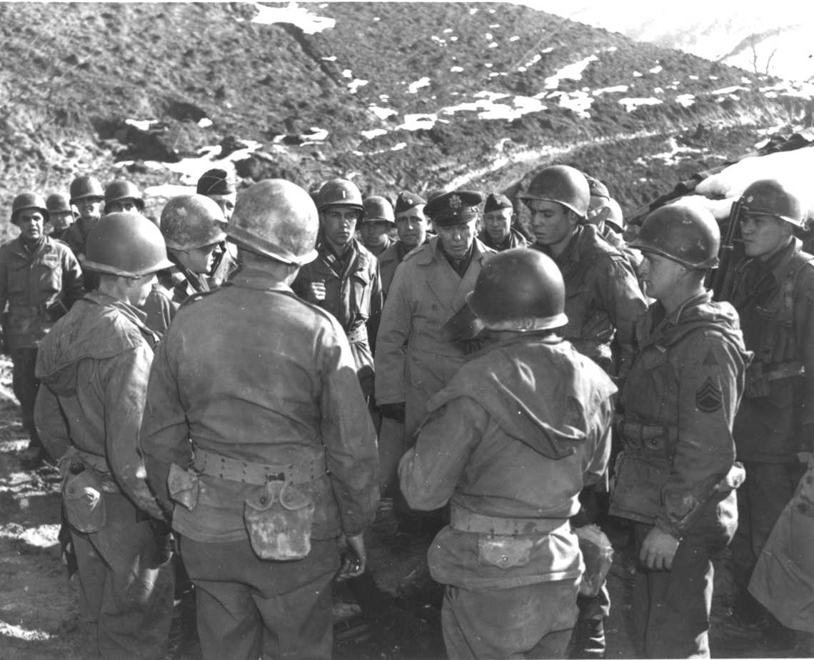#WednesdayWisdom 'War is the most terrible tragedy of the human race.' Gen. George C. Marshall, speaking to the American Legion Sept. 18, 1944 Photo of Gen. Marshall talking to tired, dirty, cold troops in Italy. #MarshallFoundationLibrary