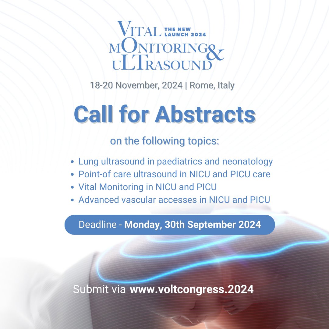 The Congress Committee invites you to submit an abstract for Oral Communication or Poster Presentation at upcoming #VOLTcongress 2024!

Start preparing your abstract! bit.ly/3xtX3RB

Submission deadline is on Monday, 30th September 2024.

#PedsICU #NICU #CriticalCare