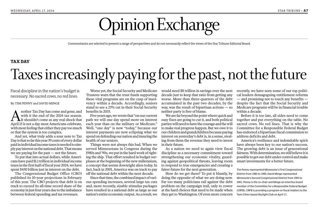 📰 NEW in @StarTribune: CRFB Co-Chair @Tim_Penny and Emeritus Member David Minge, both former MN Reps., discuss a worrying #TaxDay reality – more and more of our #incometax payments go toward interest on the #nationaldebt. They argue our fiscal health hasn't always been this bad…