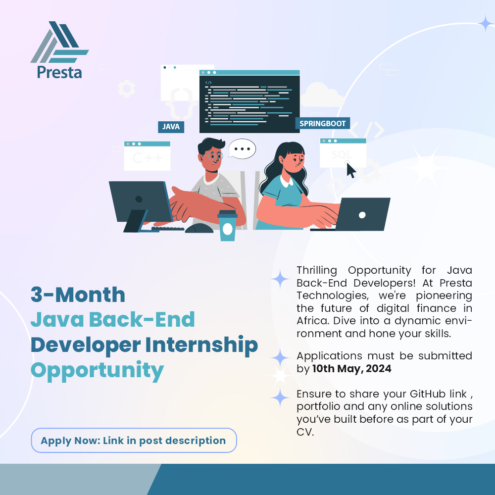 Thrilling news for Java Back-End Developer Interns!

We are offering a 3-month internship to shape the future of digital finance in Africa. Apply now with your GitHub link and portfolio by 10th May, 2024.

Apply here: zurl.co/aEst 

#JavaDeveloper  #Internship