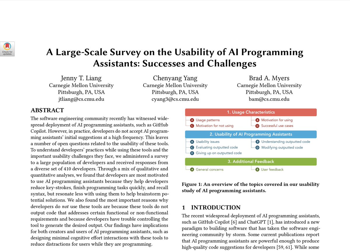 What challenges do developers face while using AI programming assistants like GitHub Copilot? 🤖🤔 Check out my #ICSE2024 paper (w/ @cyyang3_u and @bradamyers)! I'm presenting this work today at 4:15PM in the Fernando Pessoa room. See you there 🤗 arxiv.org/pdf/2303.17125…