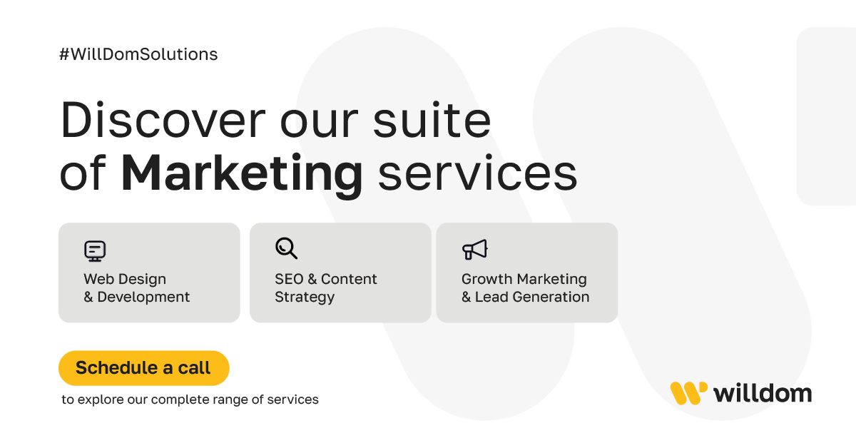 Discover our suite of Marketing services 💼Dive deeper into our solutions and elevate your brand's online presence ✨Click here to know more: hubs.la/Q02t1Pf10  

#WillDomSolutions #MarketingServices #Strategy