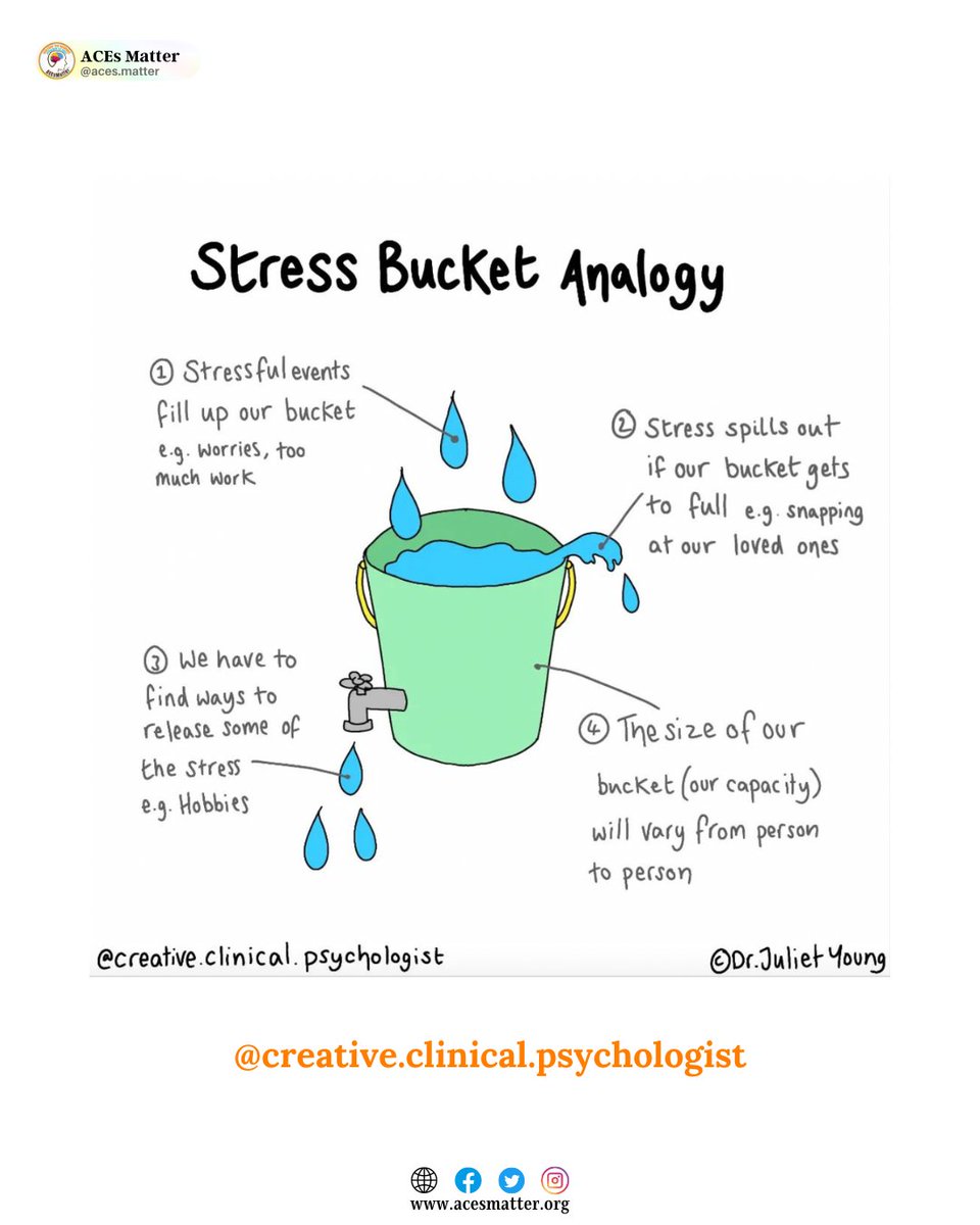 The stress bucket can be seen as a way of understanding cumulative stress and the importance of stress relief. Thank you for sharing your wisdom with the world <a href="/creative/">Mind</a>.clinical.psychologist #ACEsMatter #AdverseChildhoodExperiences #ACEs