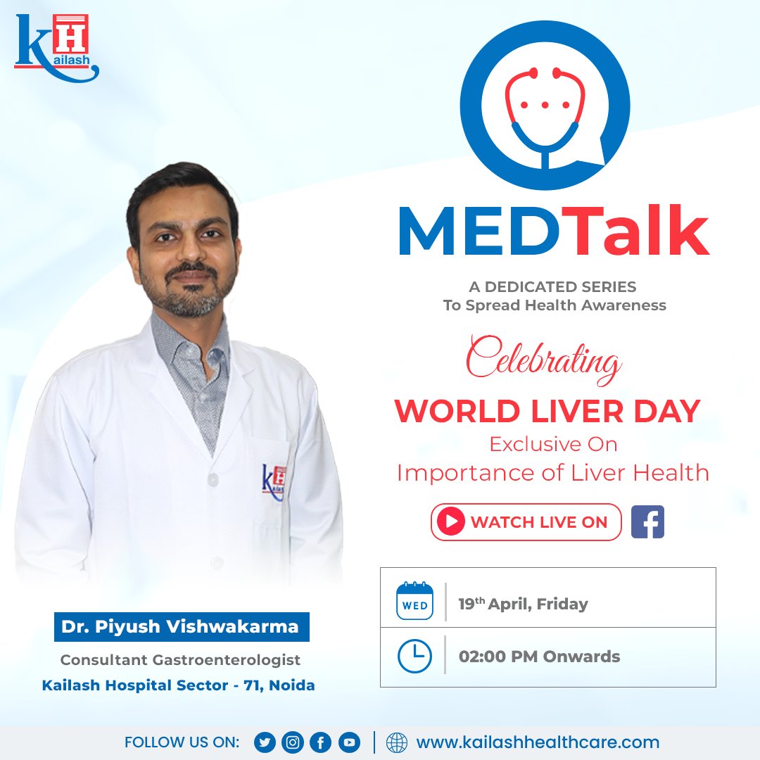 #MedTalk:  Join us for a live session with Dr. Piyush Vishwakarma, an esteemed Gastroenterologist, from Kailash Hospital Sector 71 Noida on the occasion of World Liver Health Day! 

Set a reminder for 19th April at 2 pm to know about valuable insights on Liver Health and have