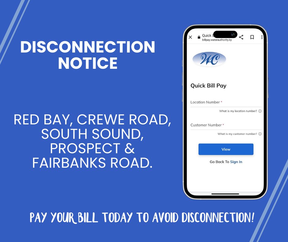 📅 Monday, 22 April 2024 - The next set of disconnections will affect Red Bay, Crewe Road, South Sound, Prospect, and Fairbanks Road.

🔗 To avoid disconnection, pay your bill online: ow.ly/qC2P50R7HKH