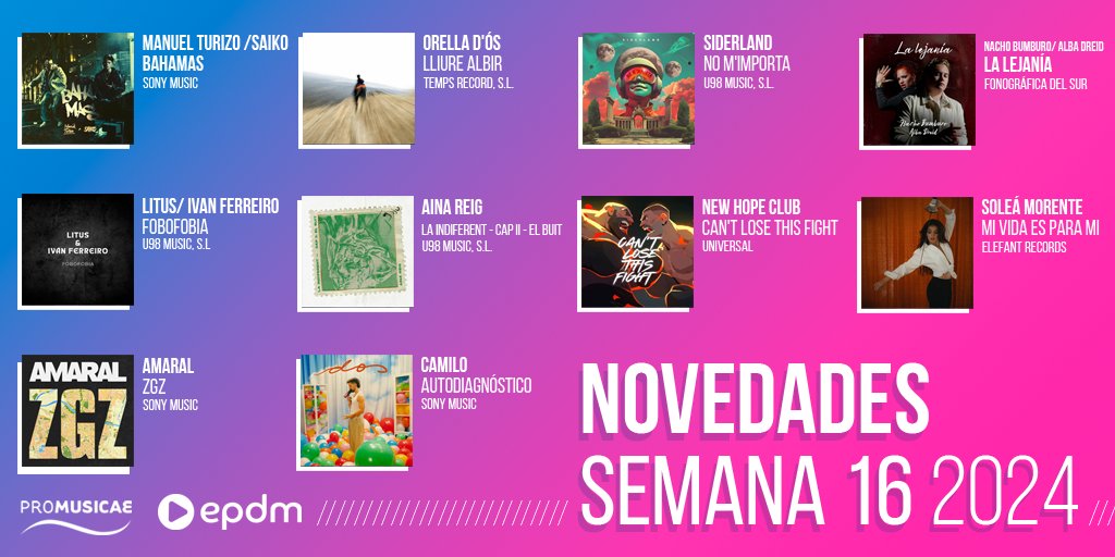 portaldemusica's tweet photo. ¡Disfruta de la diversidad musical de hoy protagonizada por @ManuelTurizoMTZ, #OrelladÓs, @siderlandmusic, @NBumburo, @Lituseando, #AinaReig, @NewHopeClub, @soleamorente, @amaraloficial y @CamiloMusica! ¡Pasa una feliz tarde escuchando nueva música en 👉 https://t.co/rwKq5KuJaf! https://t.co/uA8ZoCFW9y
