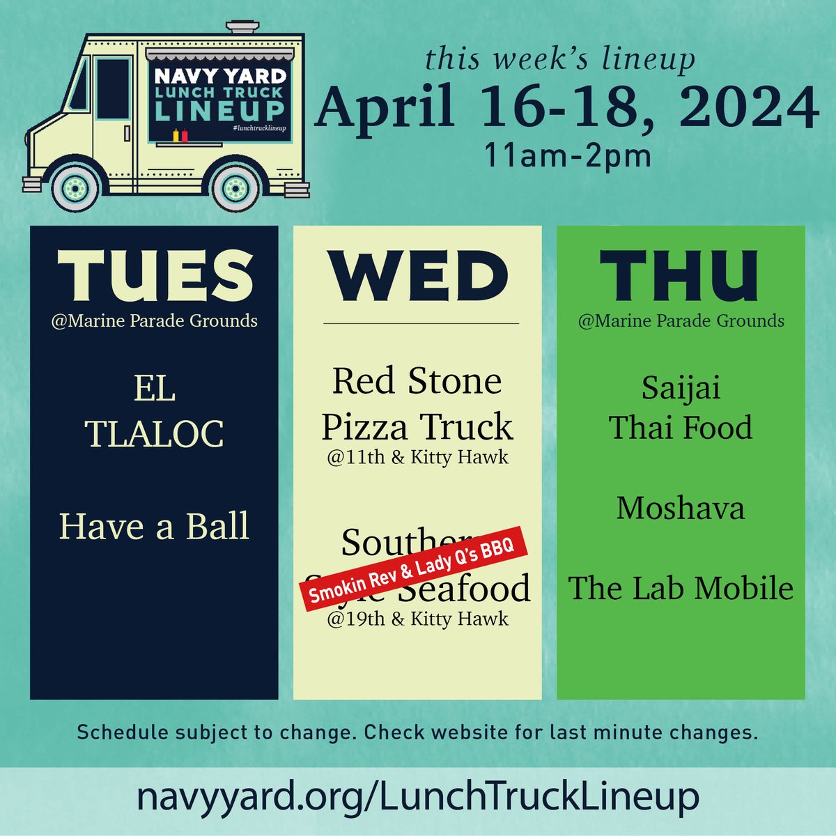 UPDATE FOR TODAY'S SCHEDULE! Smokin' Rev & Lady Q's BBQ will be at 19th & Kitty Hawk, 11-2p! #navyyardeats #lunchtrucklineup #discovertheyard #navyyardphilly