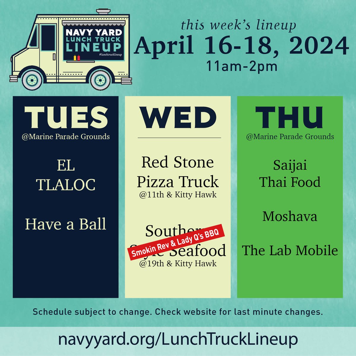 UPDATE FOR TODAY'S SCHEDULE!

Smokin' Rev & Lady Q's BBQ will be at 19th & Kitty Hawk, 11-2p! 

#navyyardeats #lunchtrucklineup #discovertheyard #navyyardphilly