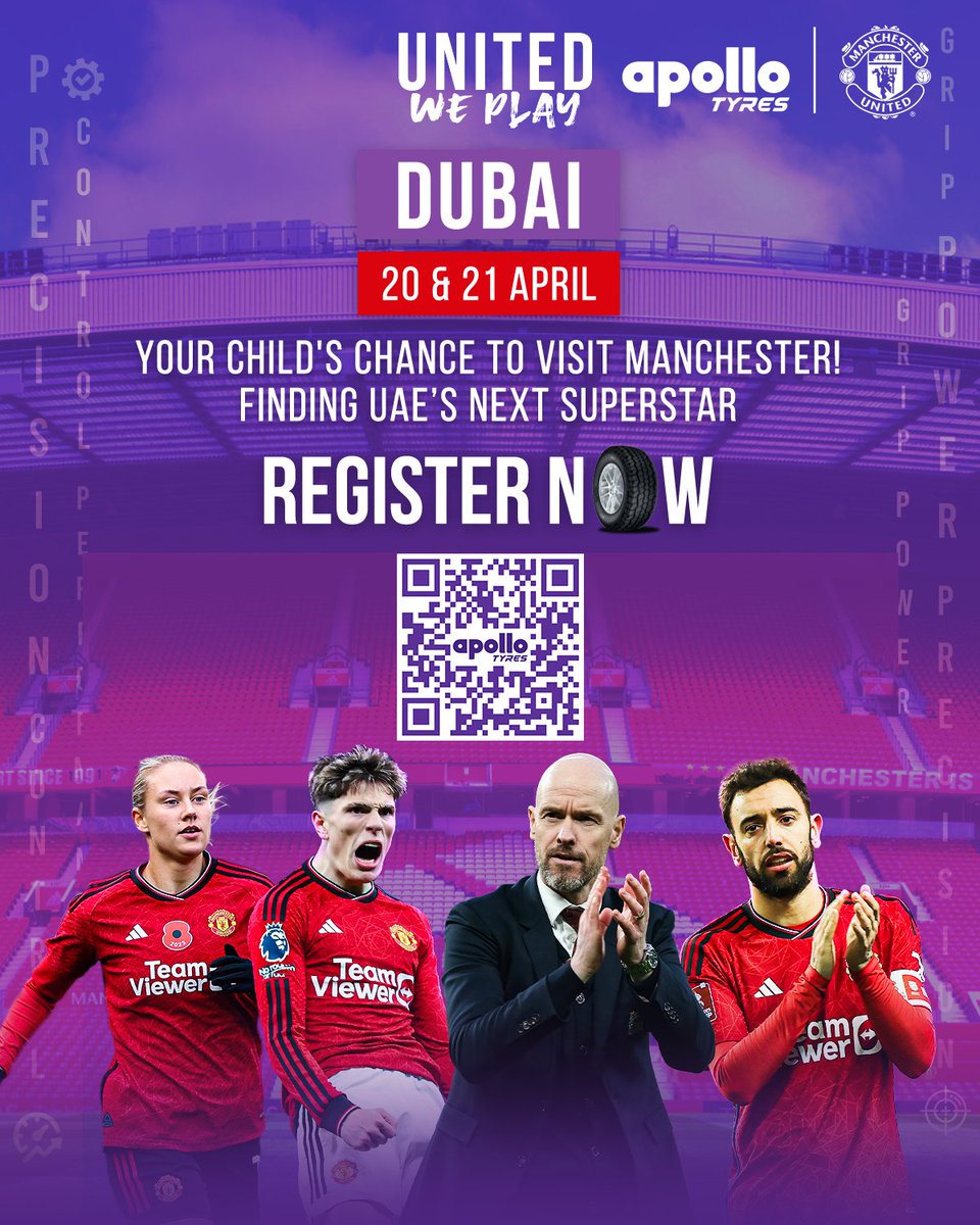 Calling all aspiring football stars in Dubai 🌟 

Don't miss your chance to showcase your skills at #UnitedWePlay by @apollotyres, and to train under the #ManchesterUnited Soccer Schools coaches! ⚽🔥

Register now 👉 linktr.ee/apolloxsports

#ApolloTyres #GoTheDistance
