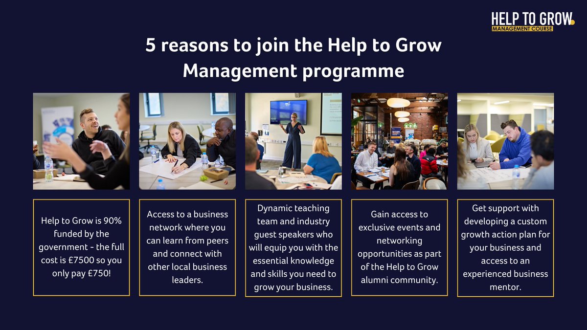 Our next cohort for #HelptoGrow Management starts in 2 weeks! We're looking forward to welcoming cohort 7 onto campus to begin their transformative business journey. 🚀 We have limited spaces, so don't miss out! 👉 hud.ac.uk/helptogrow/
Check out our top 5 reasons to join ⬇️