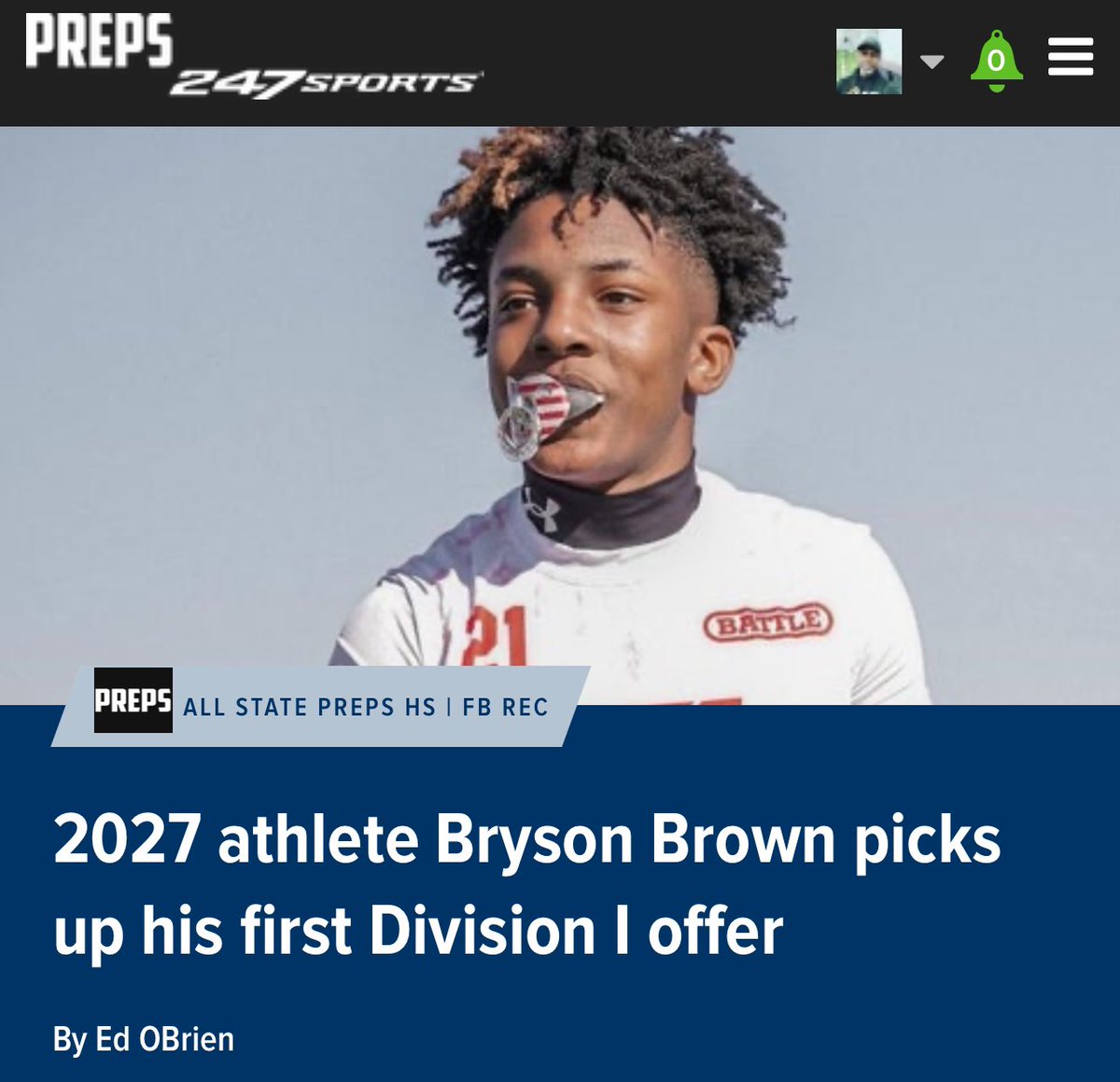 2027 athlete Bryson Brown picks up his first Division I offer 247sports.com/high-school/pe… via @247Sports @iam_bb4 @Preps_247