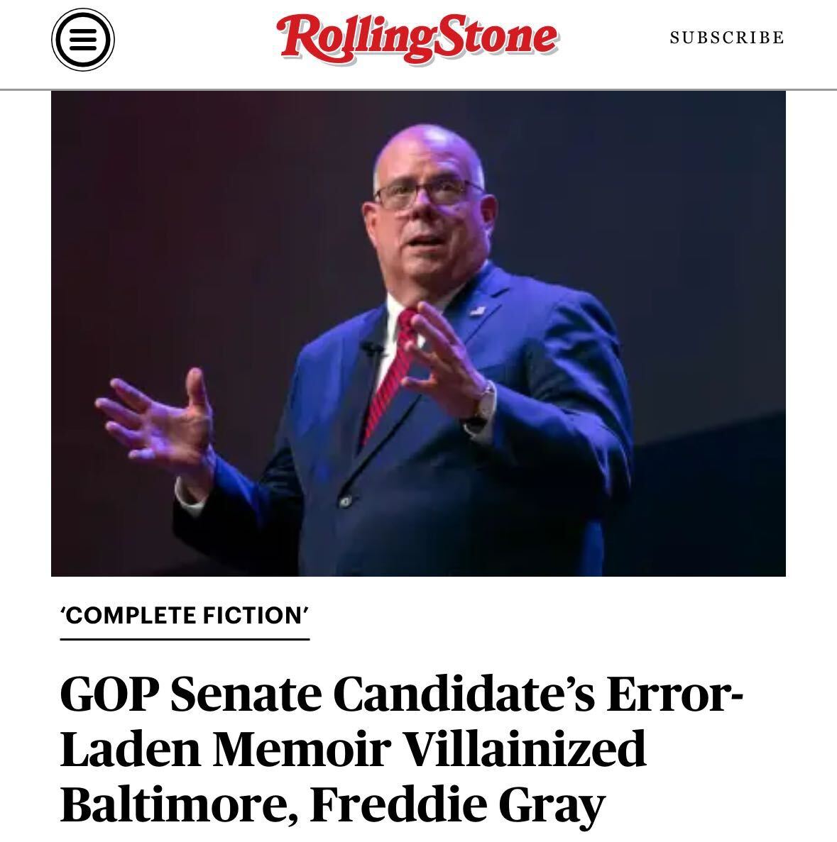 NEW: GOP Senate candidate Larry Hogan, the former Maryland Republican governor, has a moderate reputation — but he spent his career wrongfully demonizing Baltimore and victims of police abuses. Story: rollingstone.com/politics/polit…