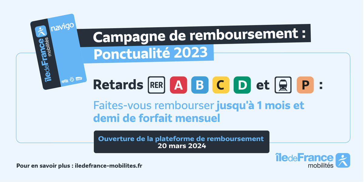 IDFmobilites's tweet image. ⚠  Prolongement ! La plateforme de #remboursement restera ouverte jusqu’au 24 avril.
Une semaine de plus pour faire votre demande !

➡ Elle concerne les usagers des RER A, B, C, D et de la ligne P, pour les axes avec une ponctualité &amp;lt;80% pendant au moins 3 mois.

➡ Cette année