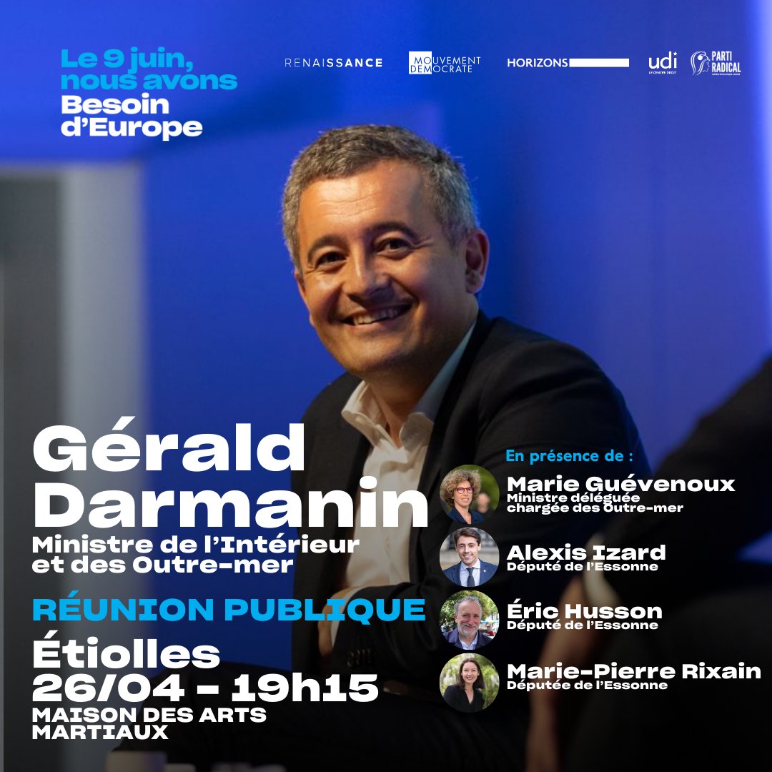 Retrouvez le ministre de l’Intérieur, <a href="/GDarmanin/">Gérald DARMANIN</a>, le 26 avril à 19h15 à Etiolles pour parler Europe et sécurité 🇪🇺

Inscription : tally.so/r/3xpKp5