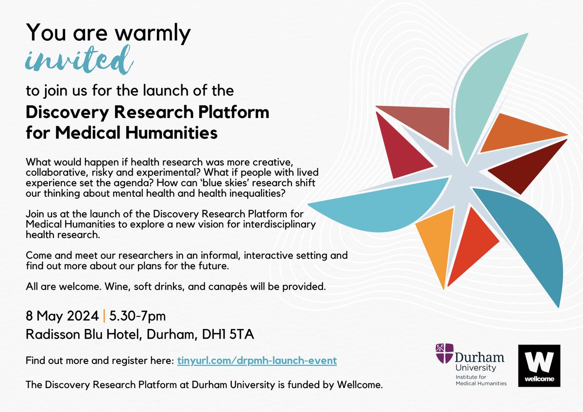 📢🚀Come & join us at the launch of the Discovery Research Platform for Medical Humanities! 8 May | 5.30–7pm Radisson Blu Hotel | Durham All welcome. Find out more & register: tinyurl.com/drpmh-launch-e…