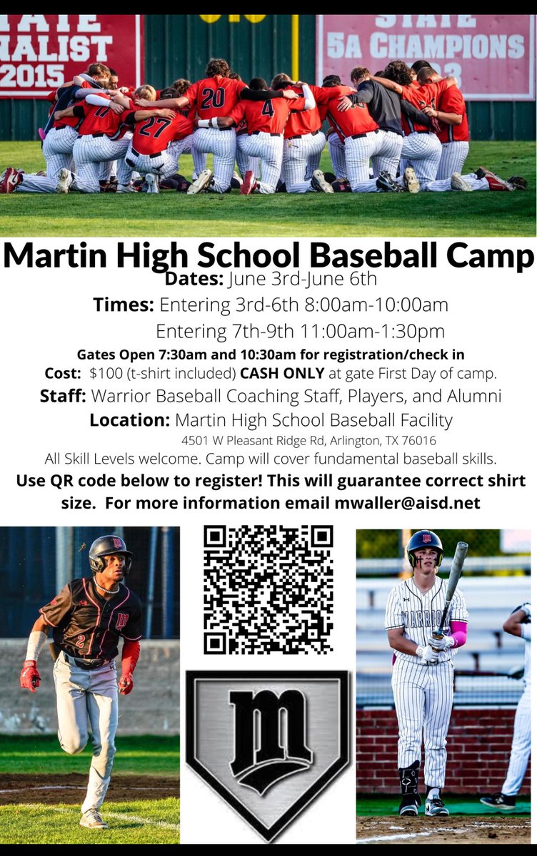 Summer will be here quick. Don’t want to miss out on the annual Martin Baseball Camp. Register with QR code!