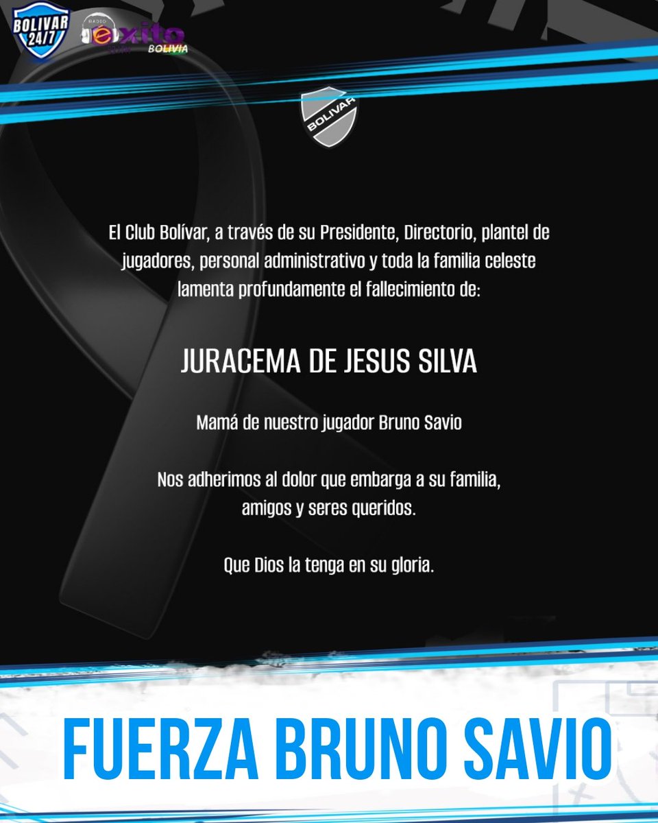 ✝️✝️El equipo Bolivar 24/7 Radio lamenta profundamente el fallecimiento de la madre del jugador Bruno Savio✝️✝️ 

✝️Fuerza Savio estamos contigo 

#Bolivar247Radio 
#UnidosSomosMasGrandes