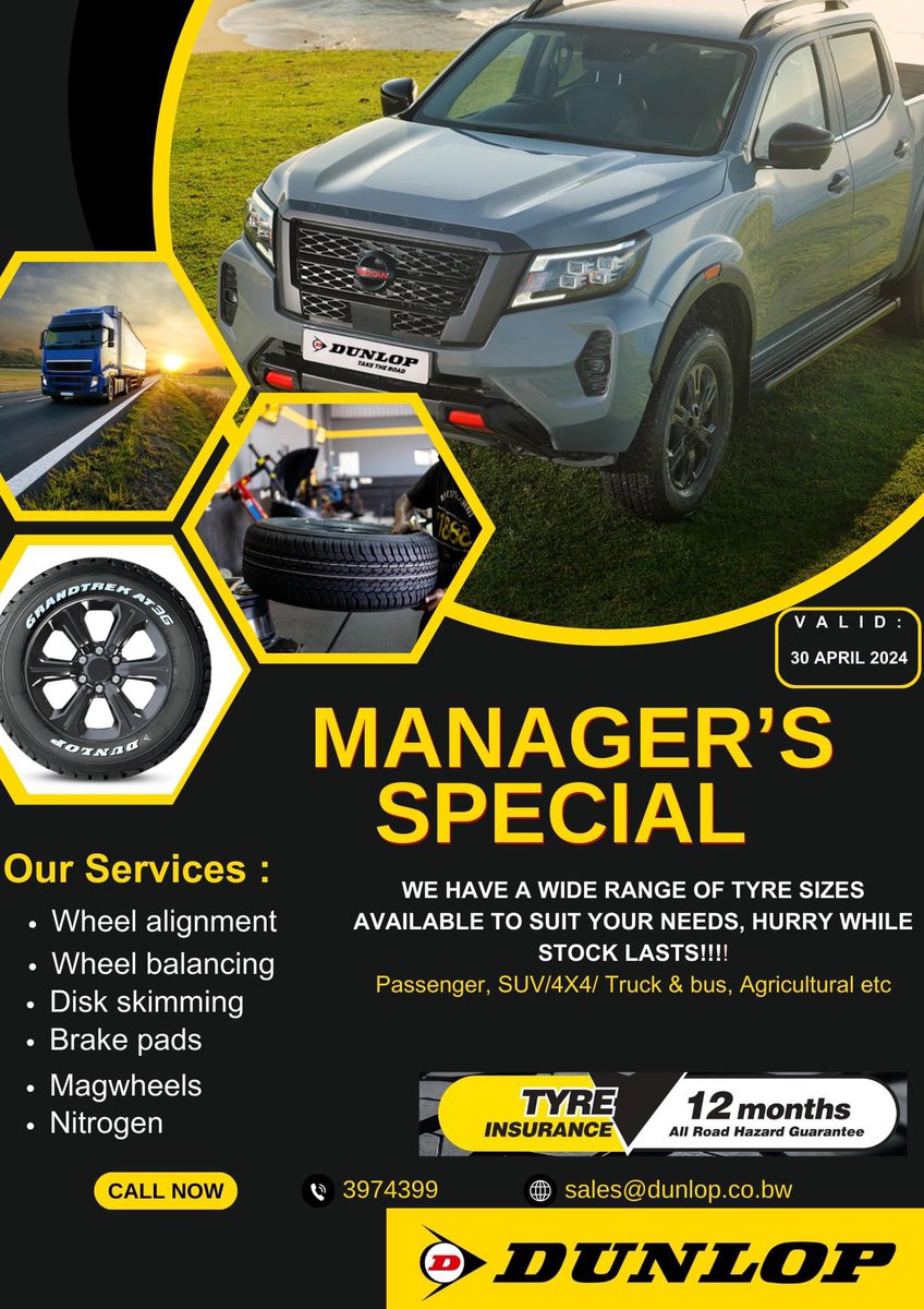 DunlopZone_BW's tweet photo. Our April Managers special is now on!!
Big brands! Big savings! Valid till: 30 April 2024. https://t.co/OiZbTdzUU1