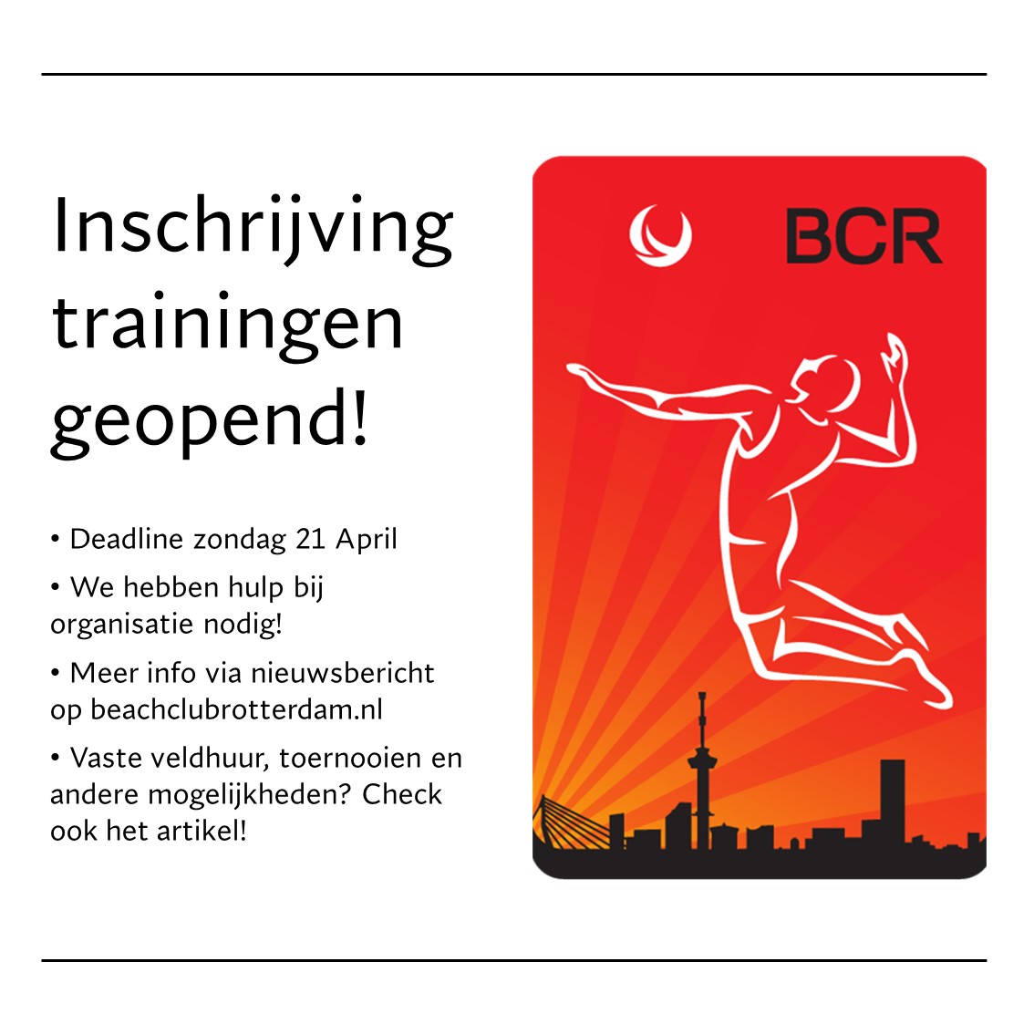 Inschrijvingen zomertrainingen open!

Zin in de zomer! En dus openen ook de 'blok 2' training inschrijvingen weer! Meer informatie en direct inschrijven via onze website: beachclubrotterdam.nl/nieuws/2024/04…

#wijwillenbeachen #zinindezomer #beachvolleybalmetiedereen