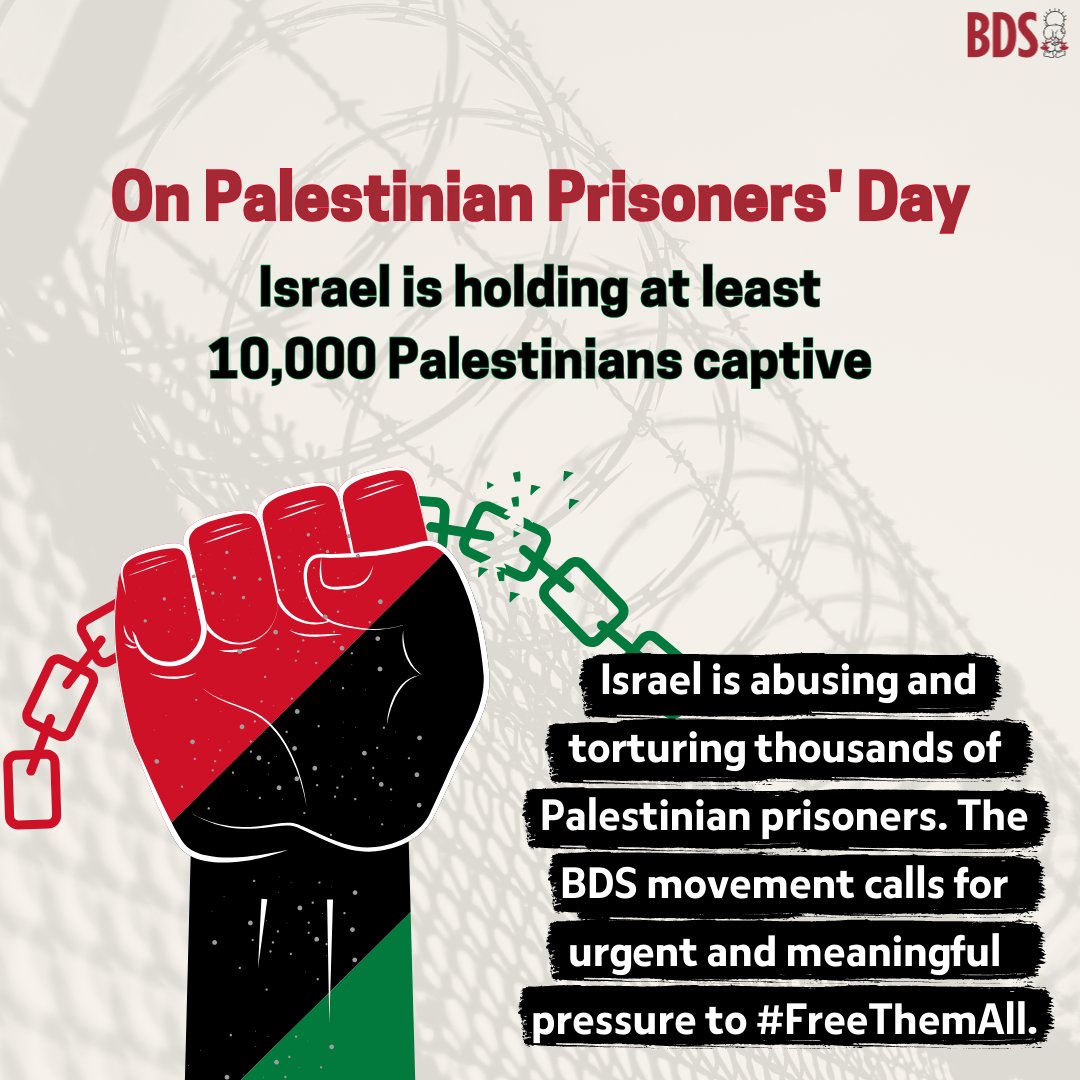 Today, is #PalestinianPrisonersDay. Israel is abusing and torturing thousands of Palestinian prisoners. The BDS movement calls for urgent and meaningful pressure to #FreeThemAll. Read our full statement: loom.ly/Tg-8pgM