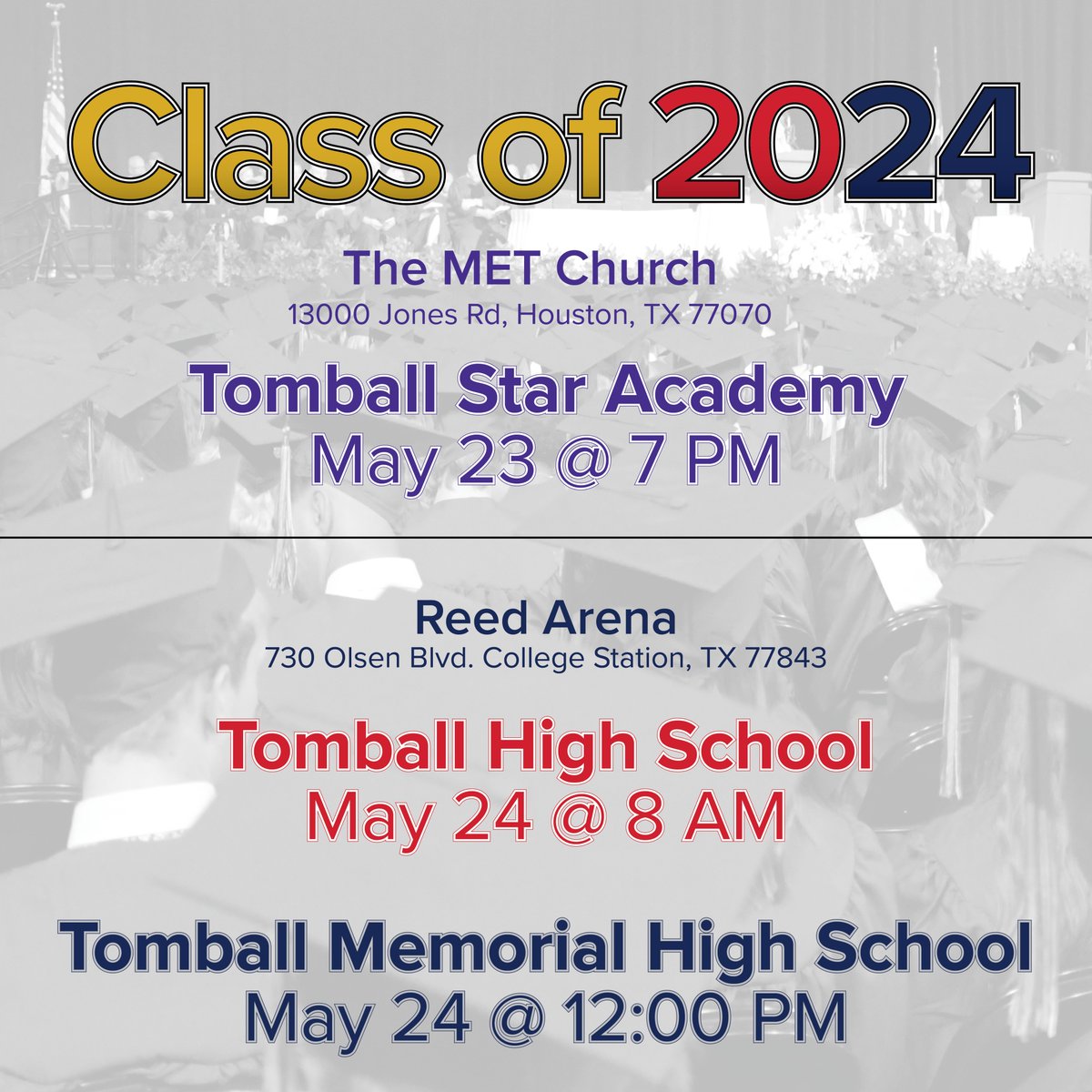 🎓 | Counting down the weeks until we celebrate the Class of 2024! ... 𝟱 more weeks ... #DestinationExcellence Need information on any of our three graduations? tomballisd.net/graduation