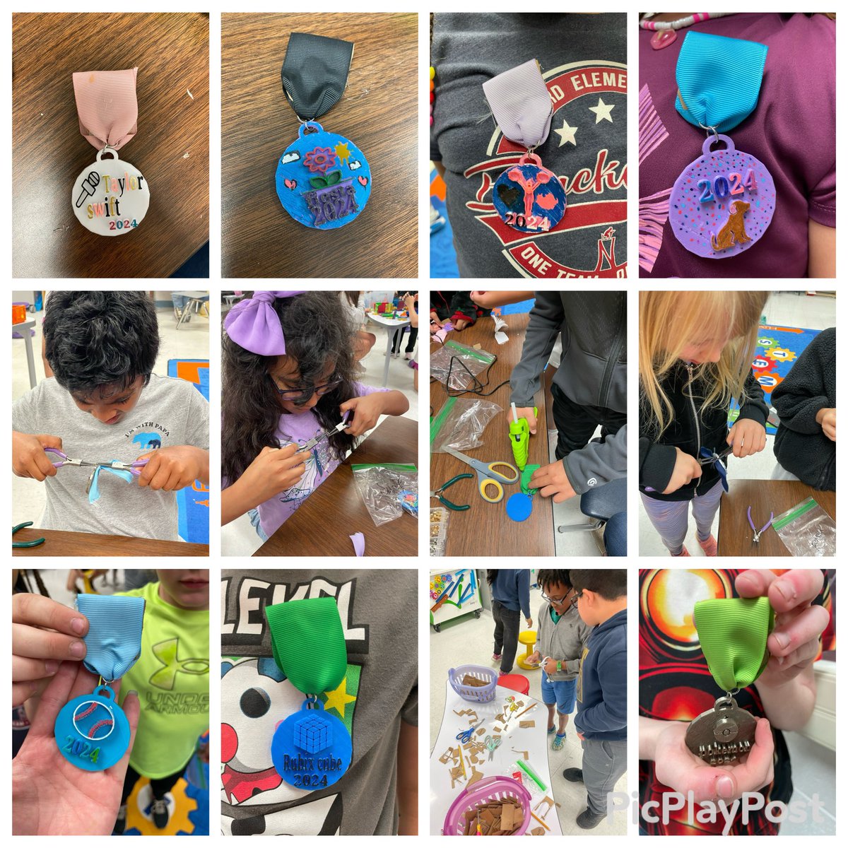 Our @NISDBeard 3rd graders are ready for Fiesta! Each student designed & manufactured their own Fiesta medal. We used @tinkercad to design & 3D print. Then they measured ribbon, cut out cardboard, used O rings, needle nose pliers, & hot glue to assemble. Viva Fiesta SA!