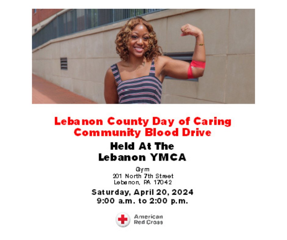 Please join us for a blood drive at held at the Lebanon YMCA on Saturday, April 20, 2024 from 9:00 a.m. to 2:00 p.m. Please call 1-800- Red Cross (1-800-733-2767) or visit RedCrossBlood.org and enter UnitedWay to schedule an appointment!